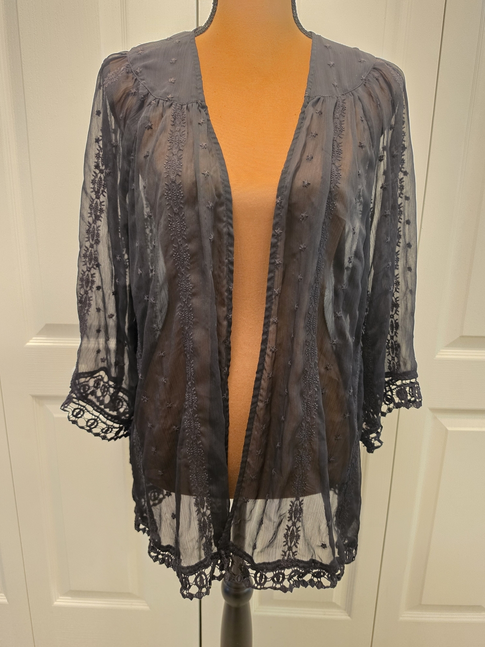 Black Embroidered Sheer Lace Kimono Cardigan Open Front Whimsigoth Boho Top L